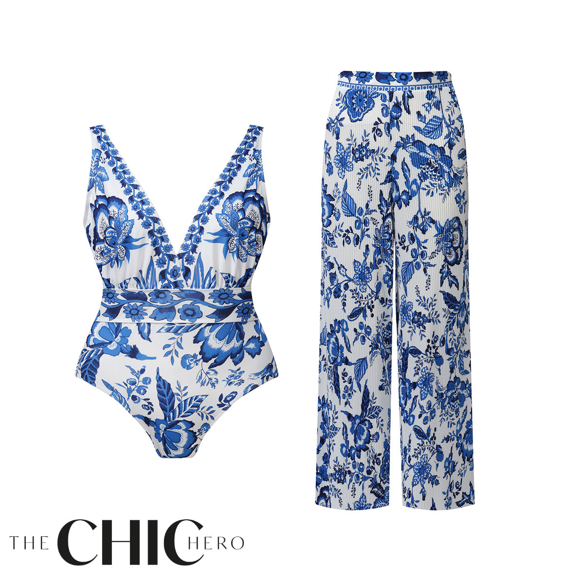 Chic Indigo Botanical Print One-Piece Swimsuit&Pants
