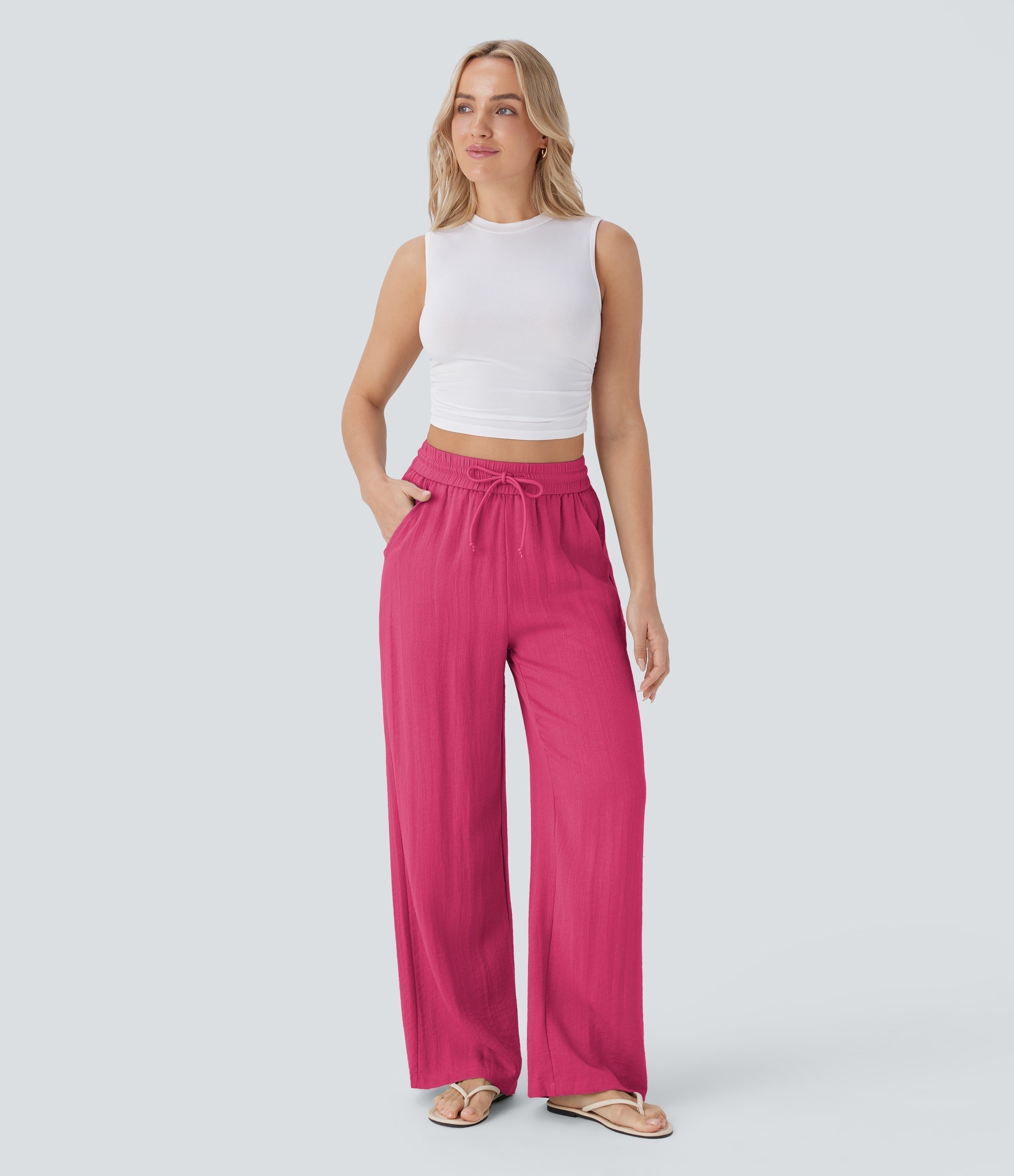 Women Summer High Waisted Drawstring Pocket Wide Leg Casual Linen-Feel Pants