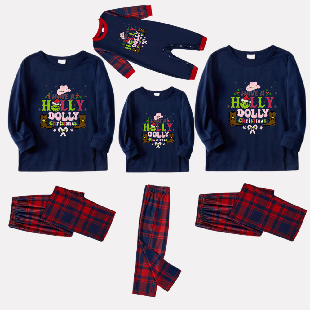 Christmas Family Matching Pajamas-Navy & Red Plaid Pjs Set with Grinch and "Have A Holly Dolly Christmas" Print