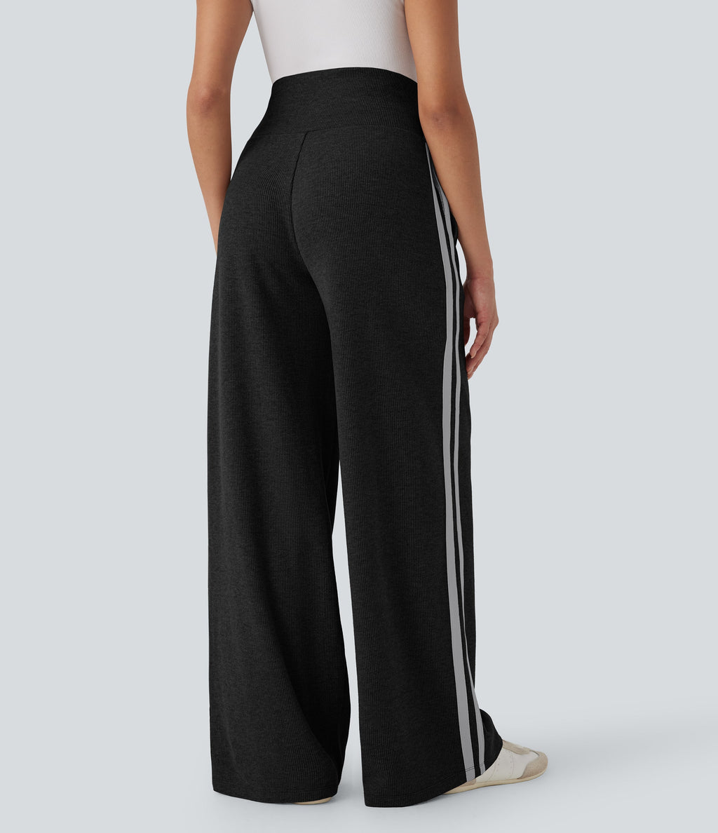 2026🔥 Ribbed SoCinched High Waisted Tummy Control Drawstring Wide Leg Color Block Casual Trousers with Pockets