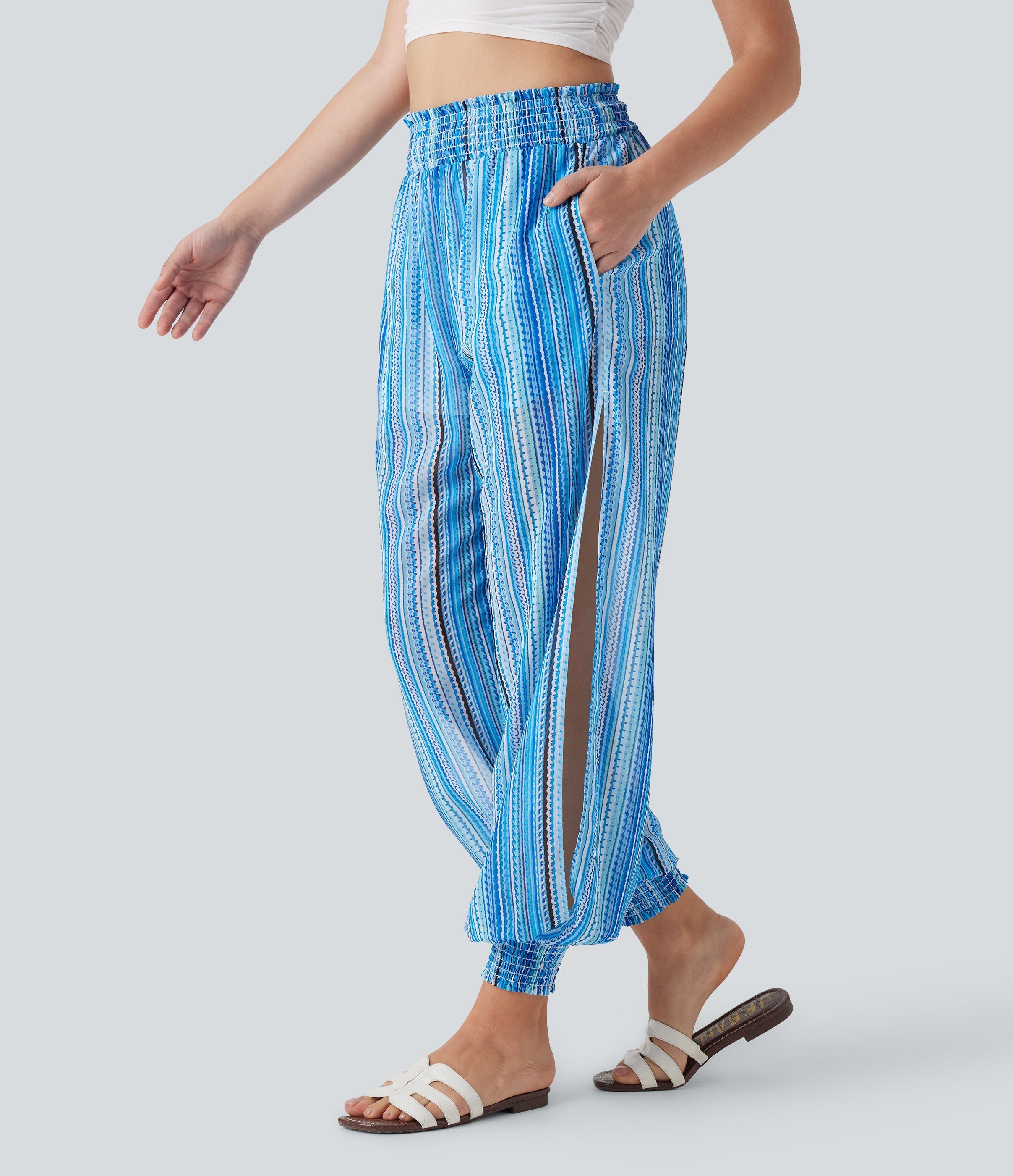 High Waisted Shirred 2-in-1 Stripe Casual Joggers with Pockets