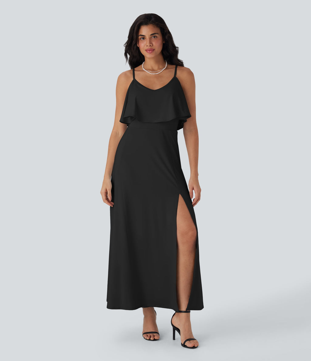 Ruffle Maxi Slip Dress with Pockets