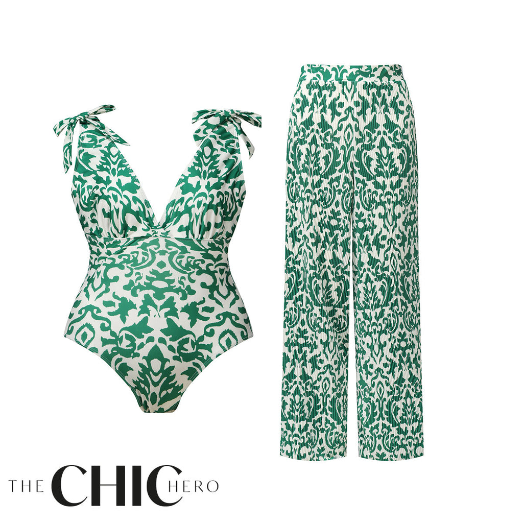 Green Boho Breeze Floral Tie-shoulder One Piece Swimsuit&Pants