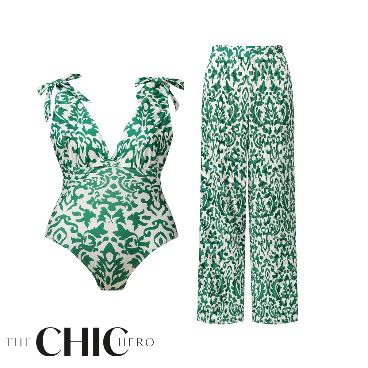 Green Boho Breeze Floral Tie-shoulder One Piece Swimsuit&Pants
