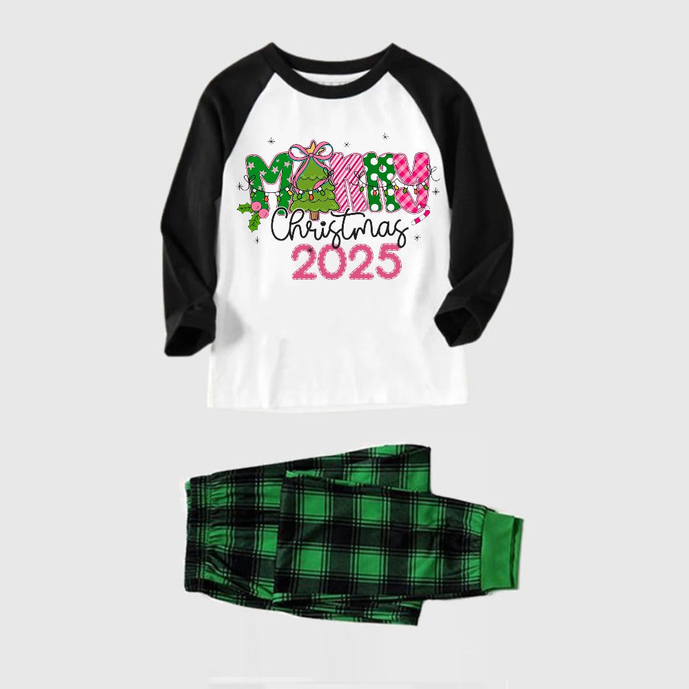 Black Raglan Top Green Plaid Christmas Pajamas Set With Merry Christmas 2025 Holiday Text