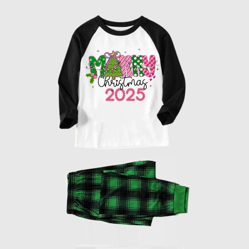Black Raglan Top Green Plaid Christmas Pajamas Set With Merry Christmas 2025 Holiday Text