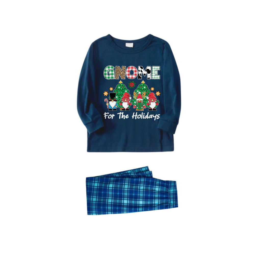 Christmas Family Matching Pajamas-Navy & Sky Blue Plaid Pjs Set with "Gnome For The Holidays" and Gnomies Cartoon Print