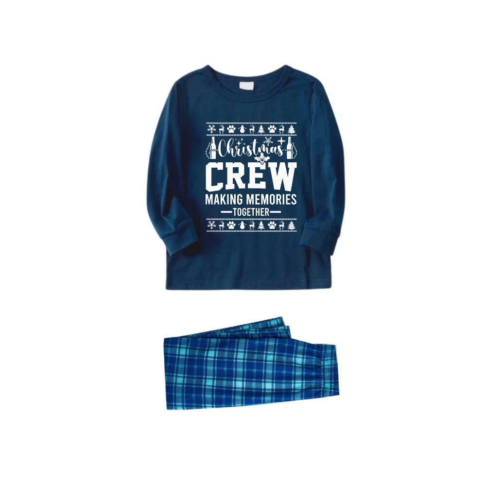 Christmas Family Matching Pajamas-Navy & Sky Blue Plaid Pjs Set with "Christmas Crew Making Memories Together" and Christmas Pattern Print