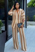 Striped Crochet Turndown Collar Shirt Pants 2pcs Set-Khaki