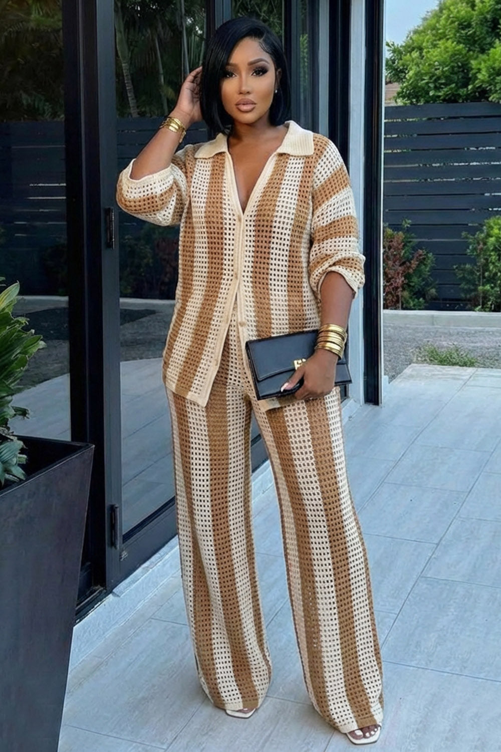 Striped Crochet Turndown Collar Shirt Pants 2pcs Set-Khaki