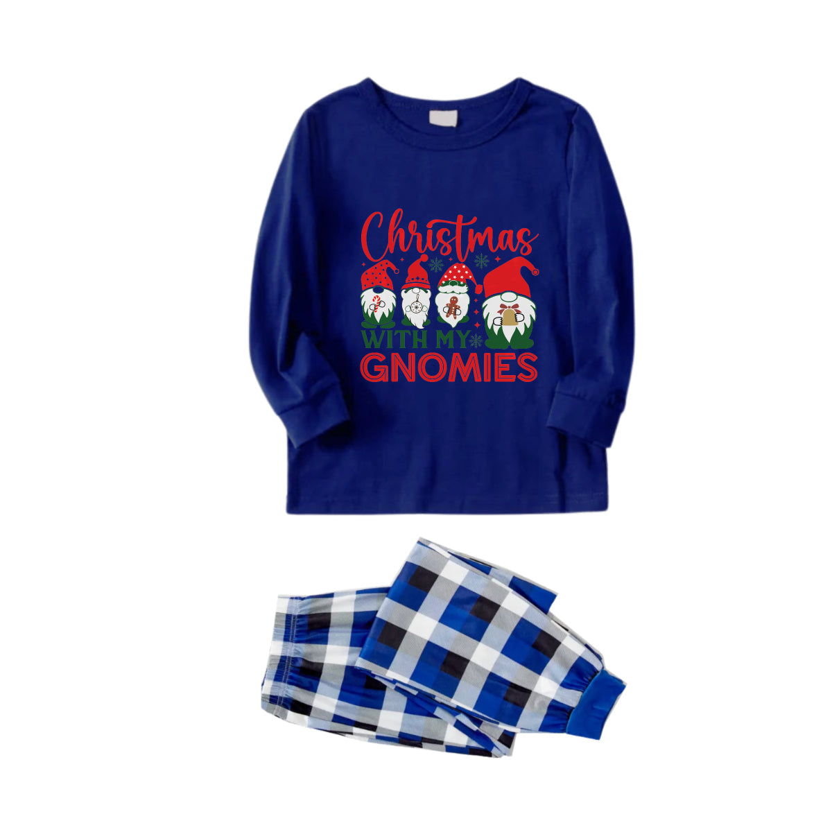 Christmas Family Matching Pajamas-Navy & White Plaid Pjs Set with "Christmas With My Gnomies" Print