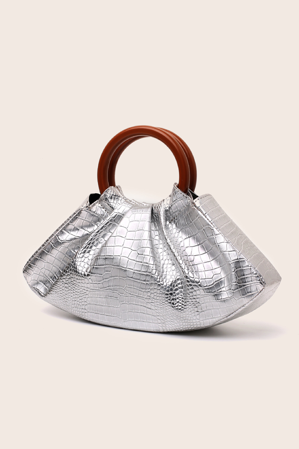 Faux Crocodile Pattern Glossy PU Leather Ruched Handbag