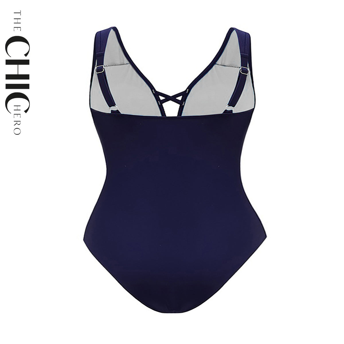 Navy Blue Petal Print Hollow One-Piece V Neck Swimsuit&Skirt