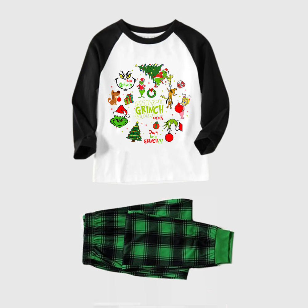 Black Raglan Top Green Plaid Christmas Pajamas Set Family Christmas Pajamas Set With Grinch and Cartoon Pattern
