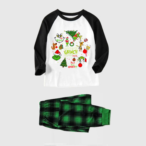 Black Raglan Top Green Plaid Christmas Pajamas Set Family Christmas Pajamas Set With Grinch and Cartoon Pattern