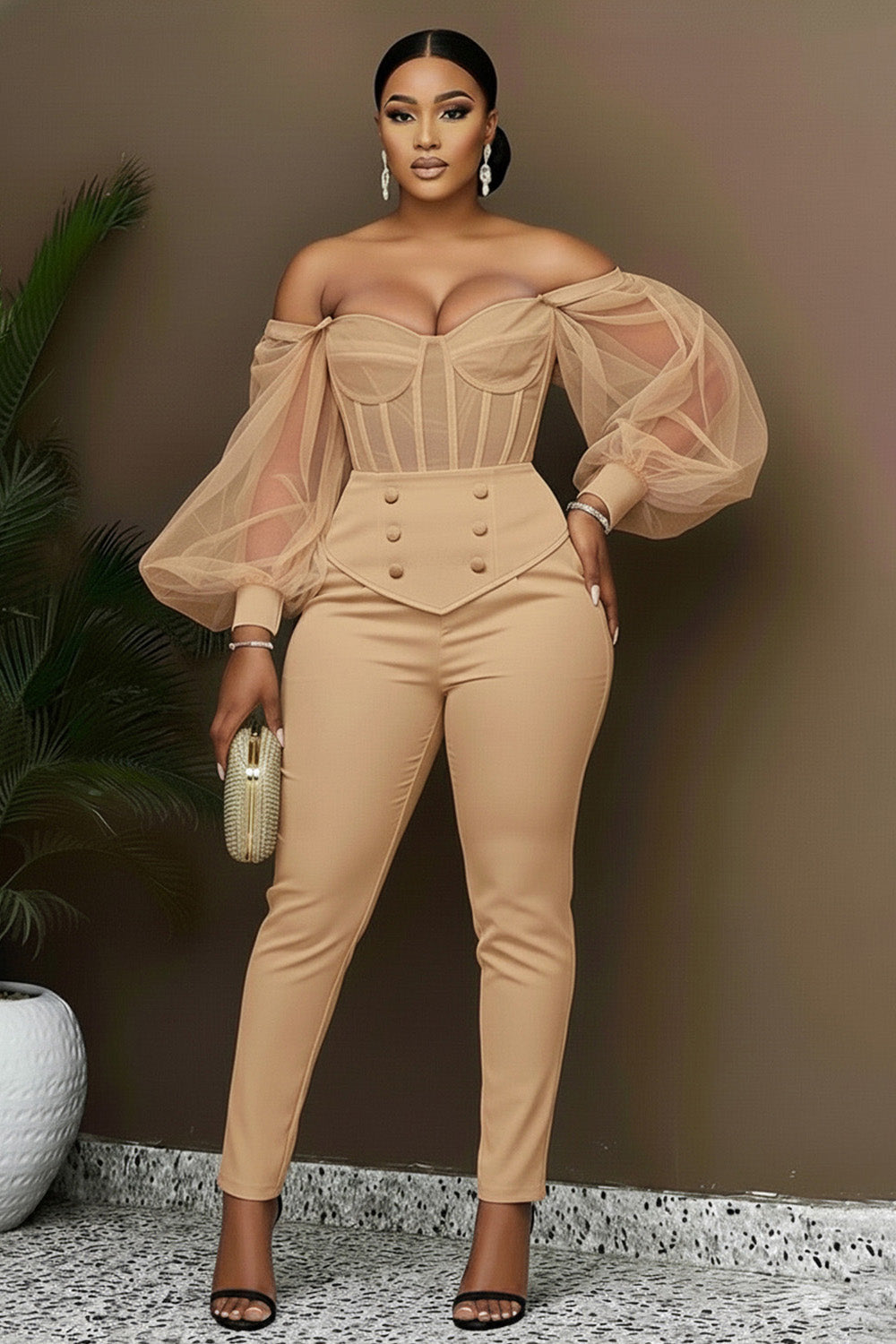 Off Shoulder Lantern Sleeve Cinch Waist Slim Fit Jumpsuit-White