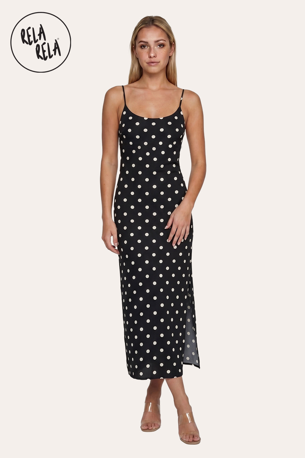 Retro Polka Dot Slit Maxi Slip Dress in Black