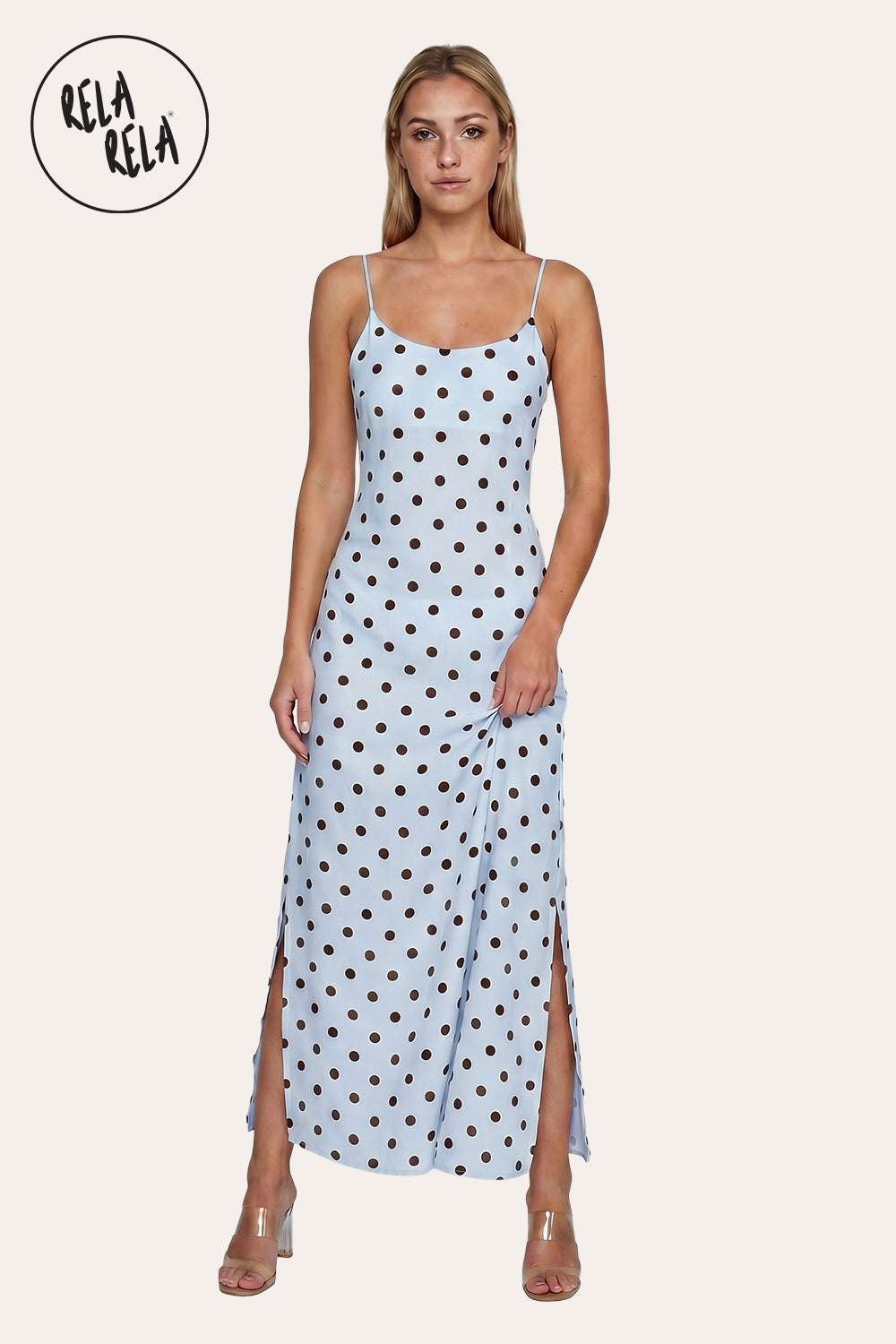 Retro Polka Dot Slit Maxi Slip Dress in Blue