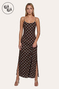 Retro Polka Dot Slit Maxi Slip Dress in Chocolate