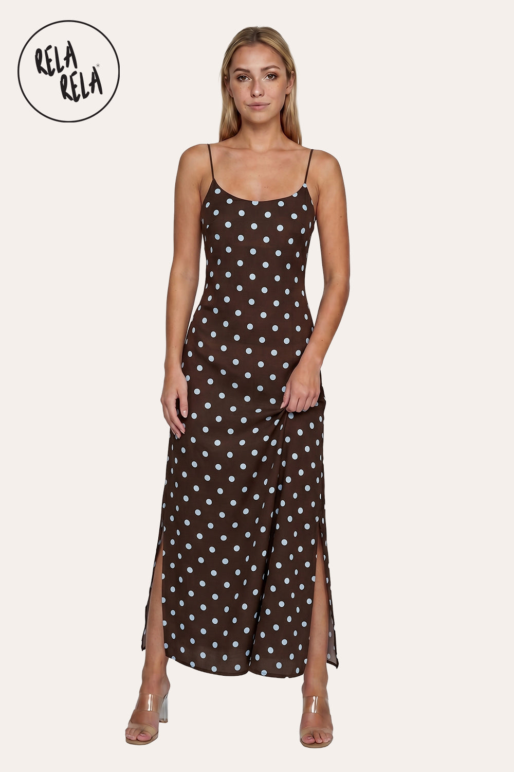 Retro Polka Dot Slit Maxi Slip Dress in Chocolate