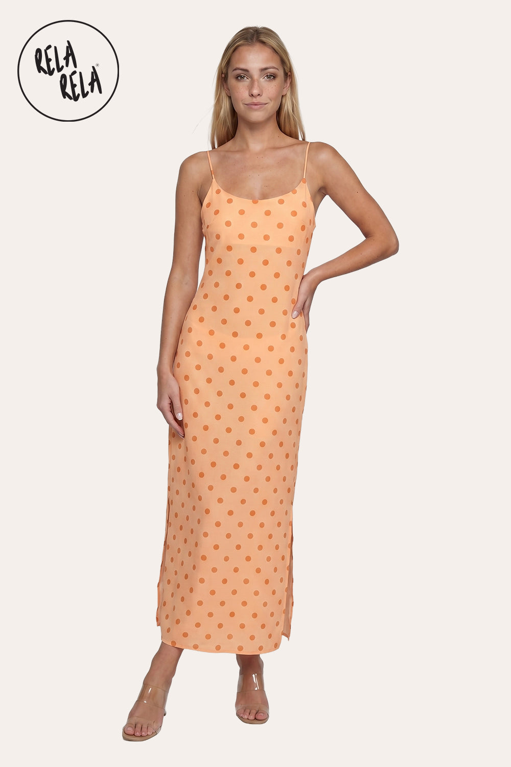 Retro Polka Dot Slit Maxi Slip Dress in Orange