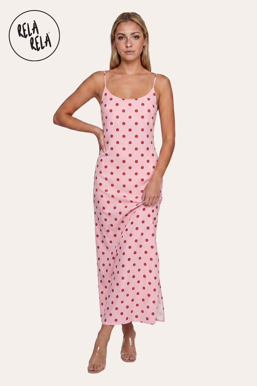 Retro Polka Dot Slit Maxi Slip Dress in Pink