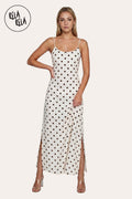 Retro Polka Dot Slit Maxi Slip Dress in White