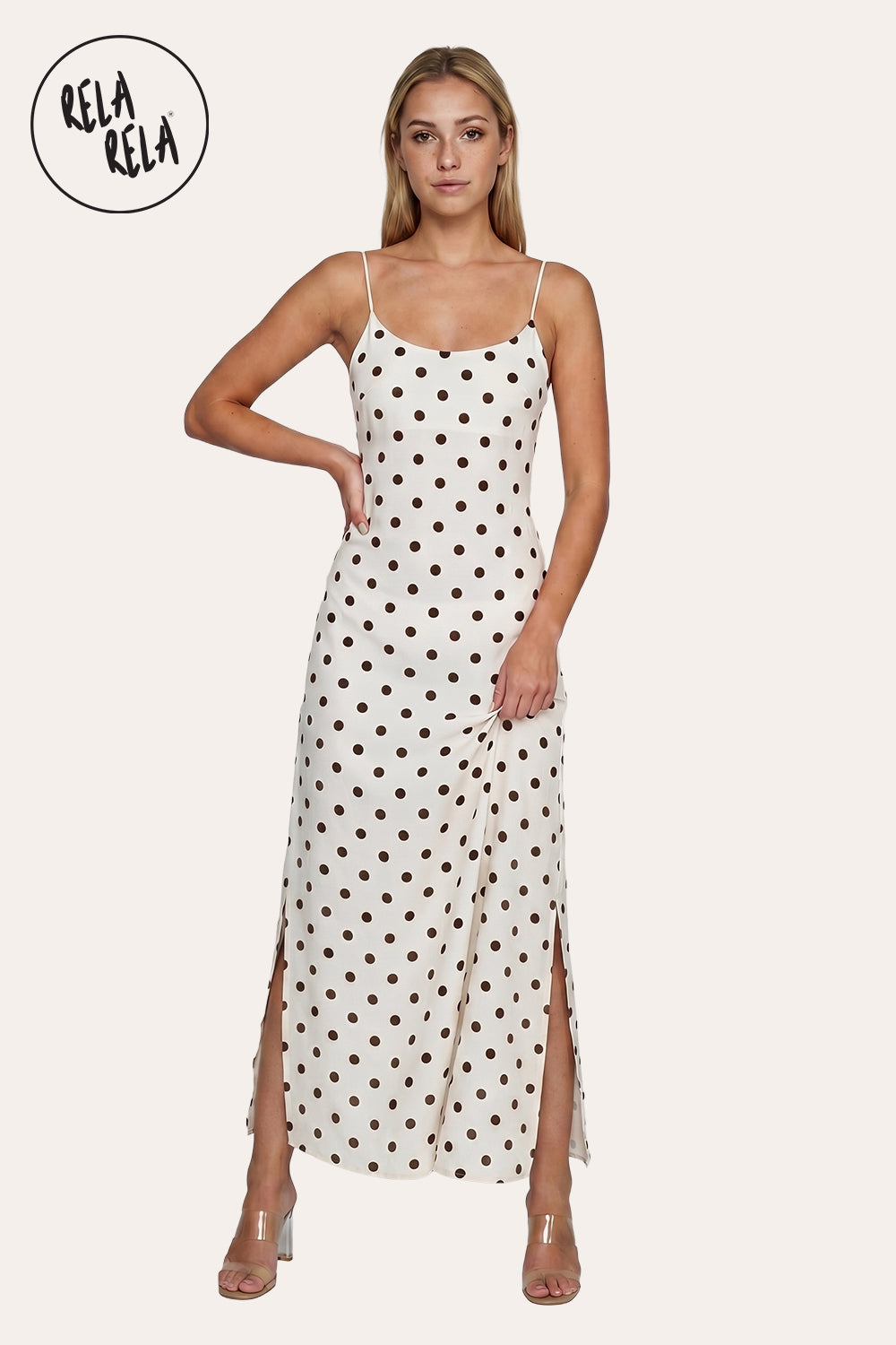 Retro Polka Dot Slit Maxi Slip Dress in White