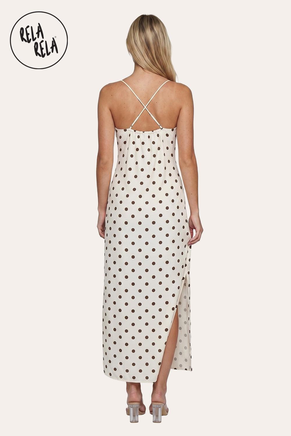 Retro Polka Dot Slit Maxi Slip Dress in White