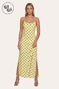 Retro Polka Dot Slit Maxi Slip Dress in Yellow