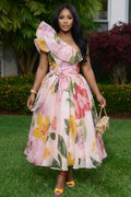 Ruffle One Shoulder Cinch Waist Floral Bouffant Maxi Dresses-Pink