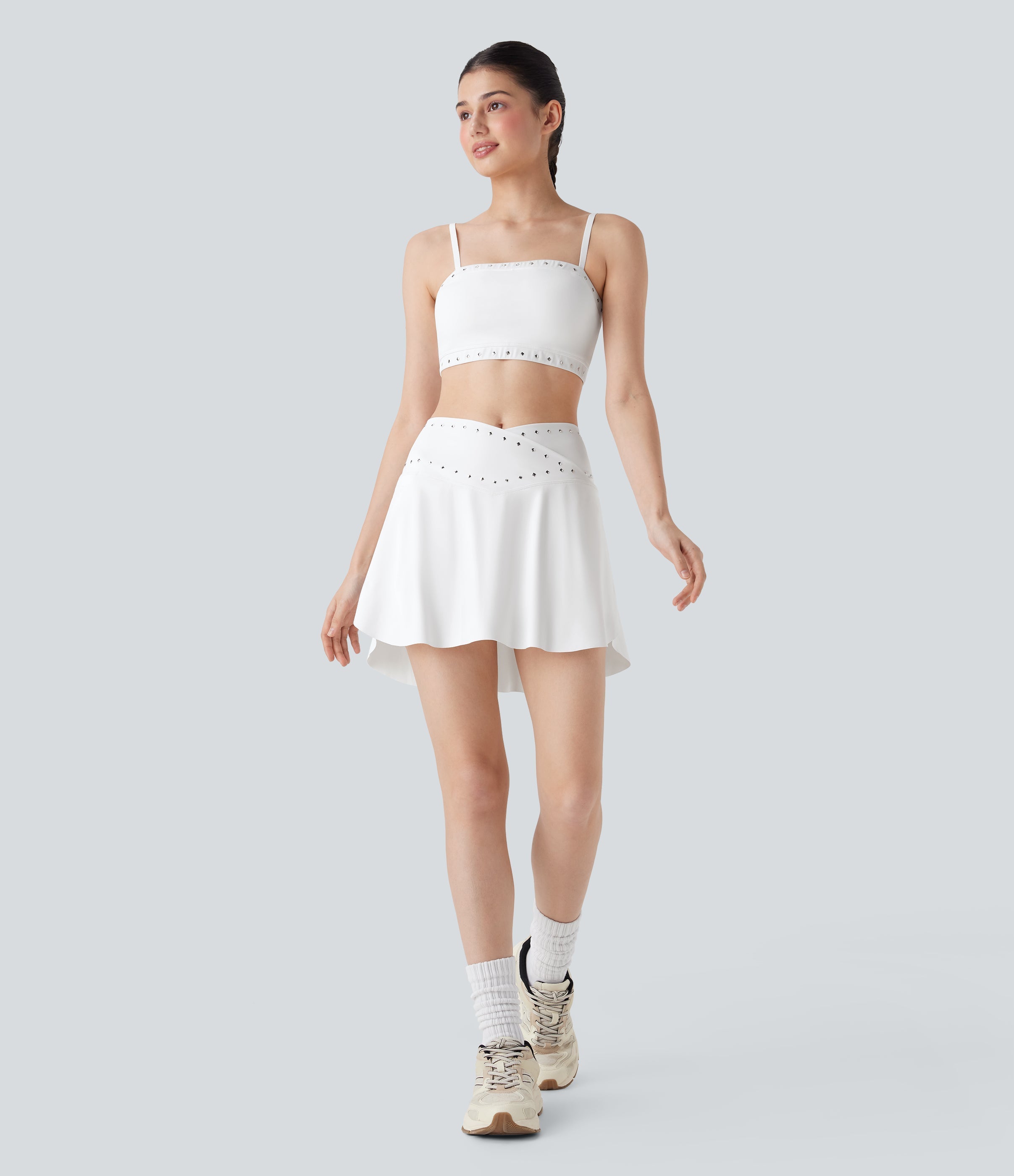 SoftlyZeroTM QuickDry High Waisted Studded Crossover 2-in-1 Mini Pickleball Skirt with Pockets