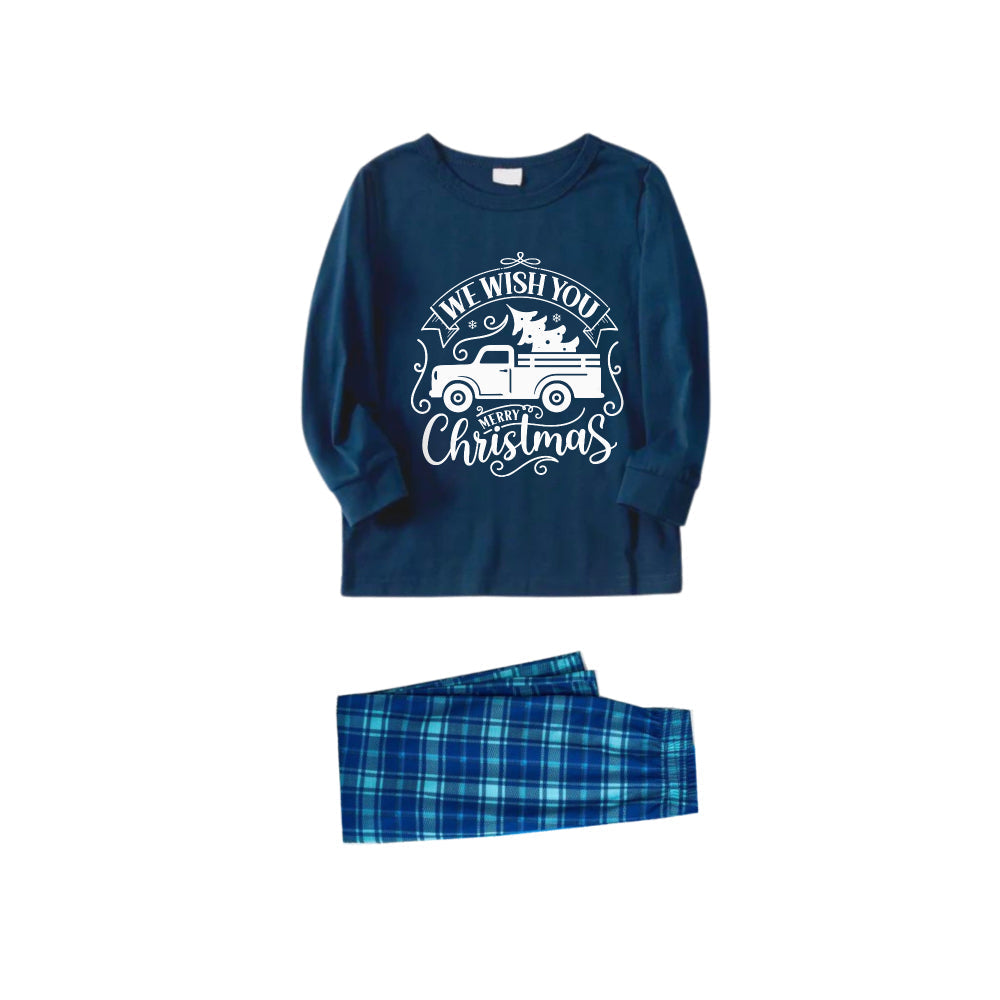 Christmas Family Matching Pajamas-Navy & Sky Blue Plaid Pjs Set with "We Wish You A Merry Christmas" and Christmas Car Pattern Print