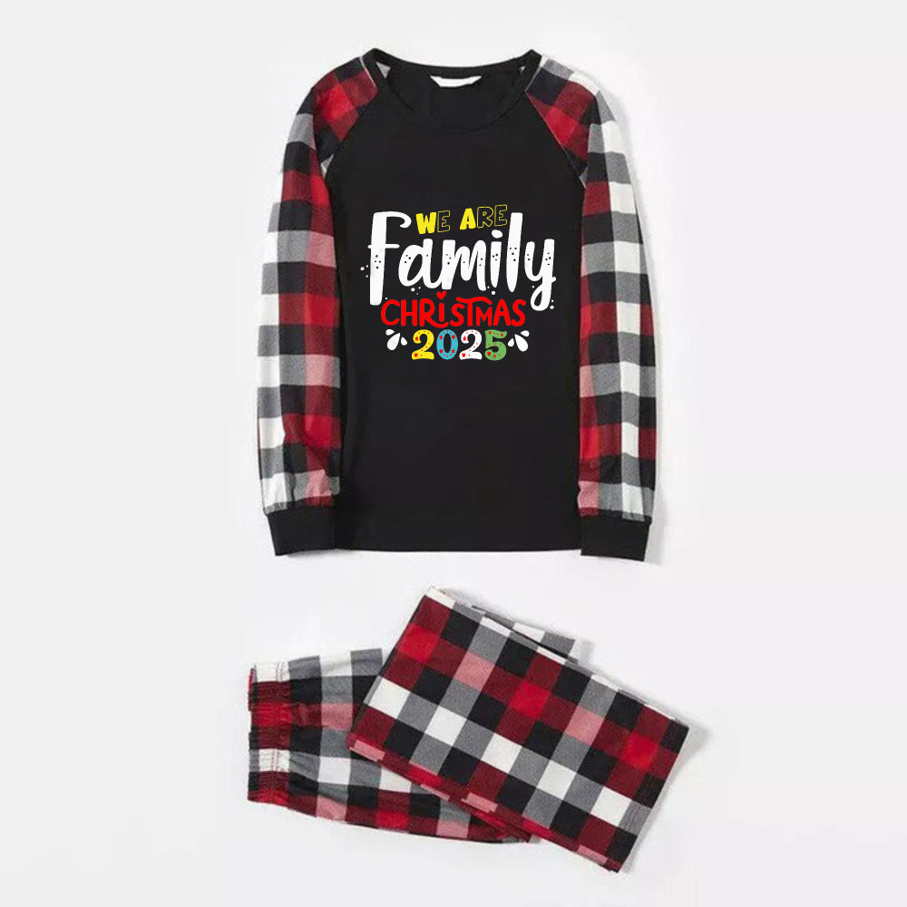 Christmas Family Matching Pajamas-Red and Gray Plaid Pjs set with "We Are Family" Christmas Slogan Print