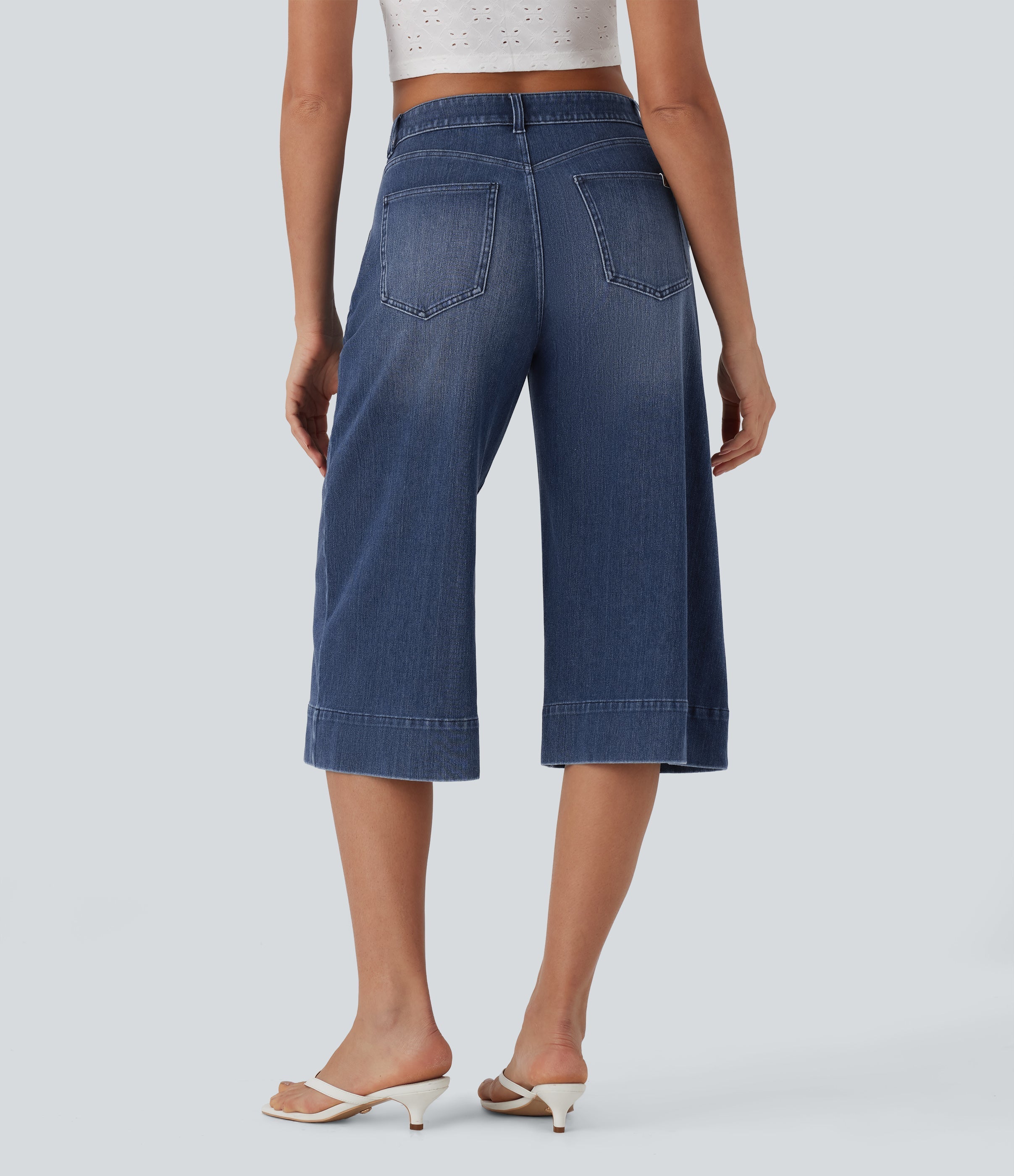 FlexTM Mid Rise Capri Wide Leg Washed Casual Jeans with Pockets