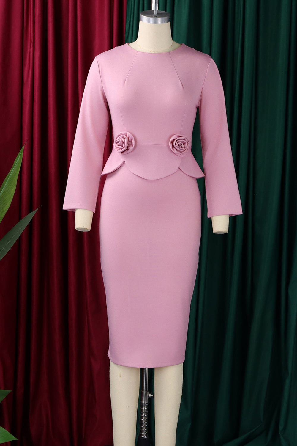 Round Neck 3D Floral Long Sleeve Slit Hem Bodycon Midi Dresses-Pink