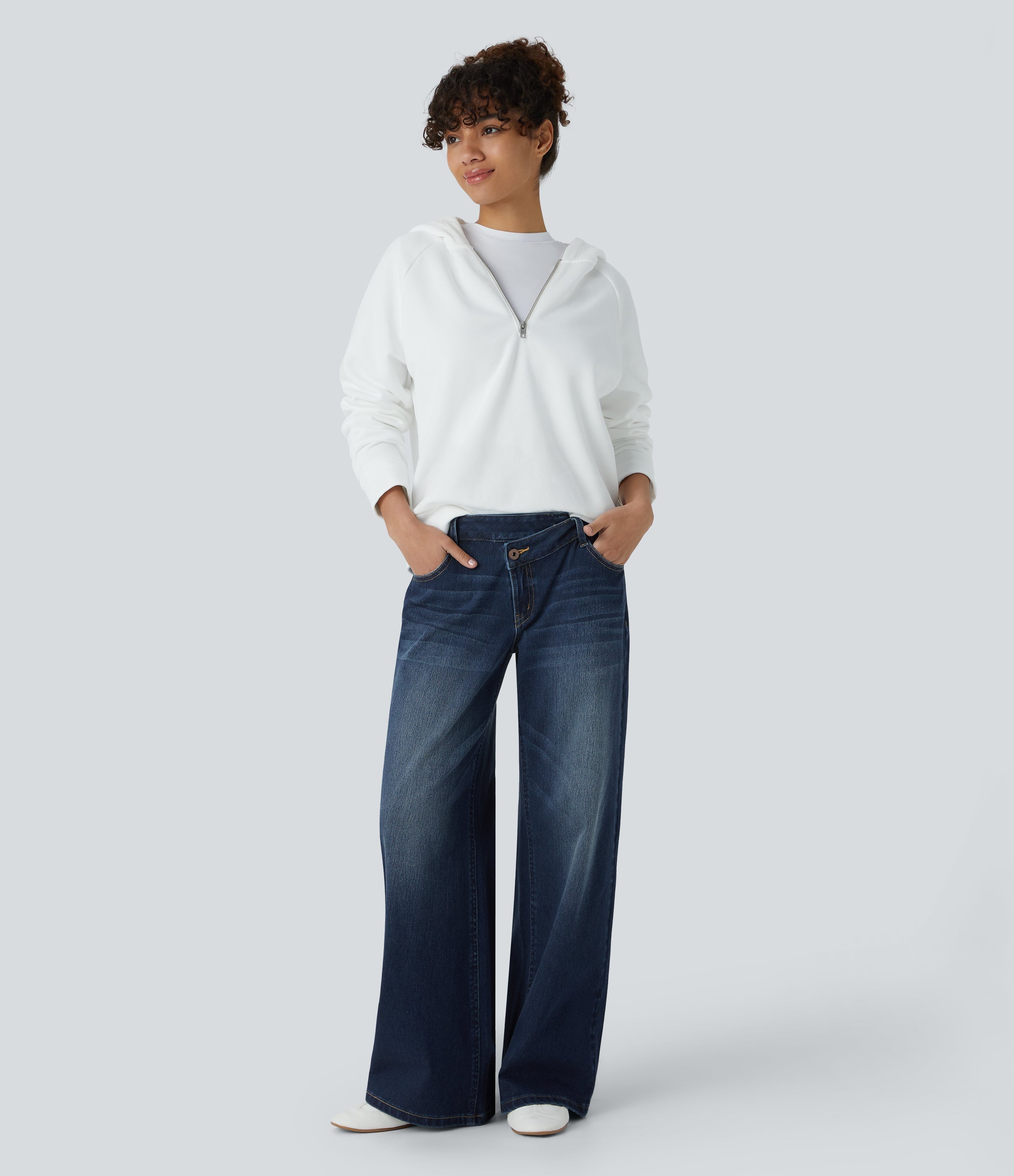 FlexTM Asymmetric Low Rise Zipper Pockets Baggy Wide Leg Washed Casual Jeans