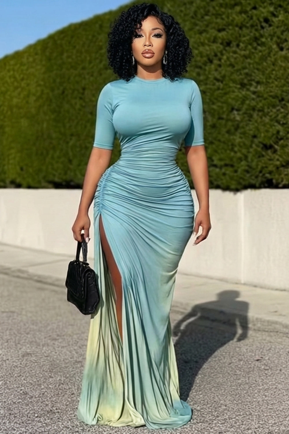 Round Neck Short Sleeve Ruched High Slit Casual Maxi Dresses-Blue
