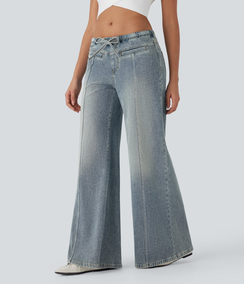 FlexTM Low Rise Drawstring Washed Casual Baggy Jeans with Pockets