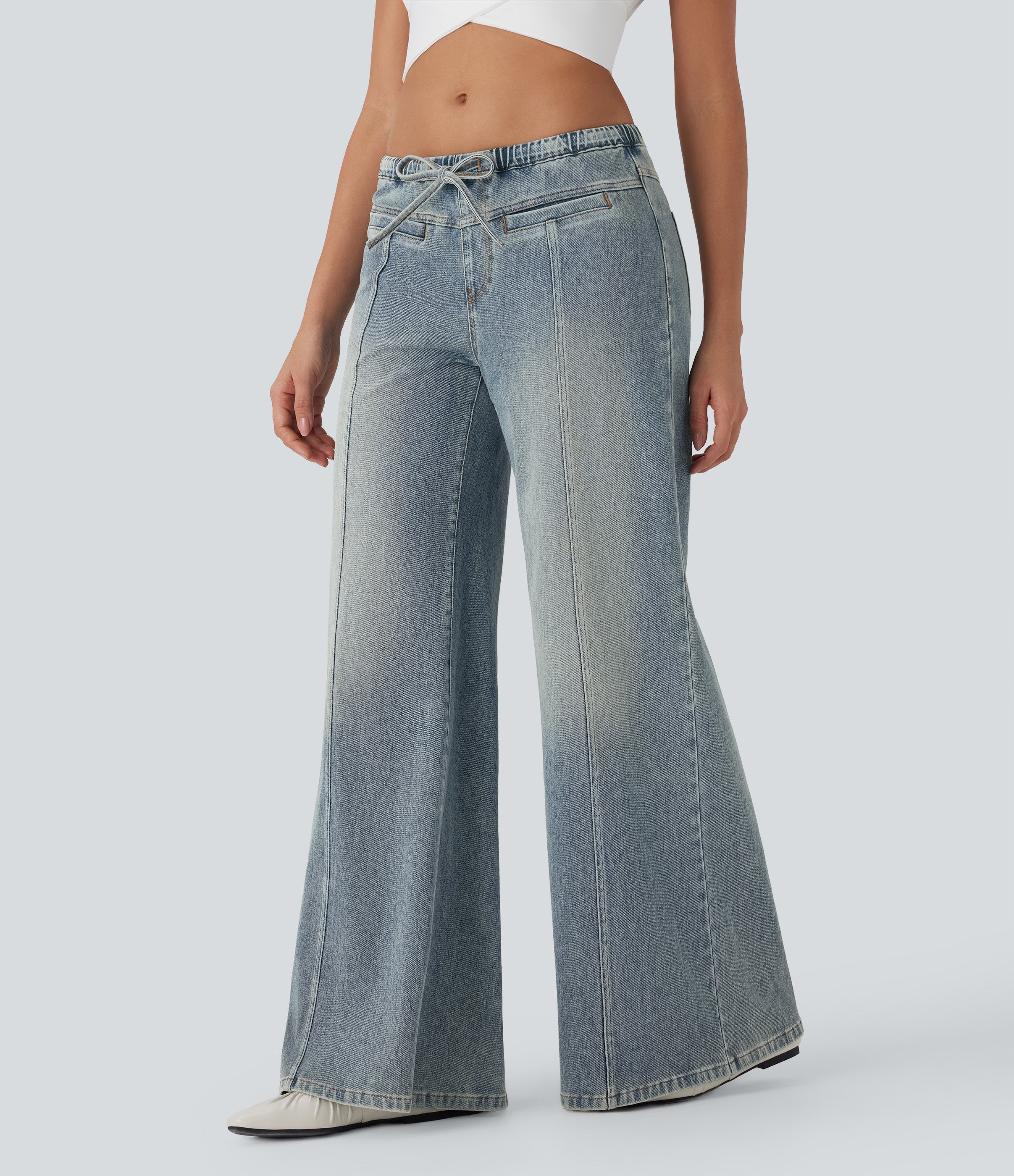 FlexTM Low Rise Drawstring Washed Casual Baggy Jeans with Pockets