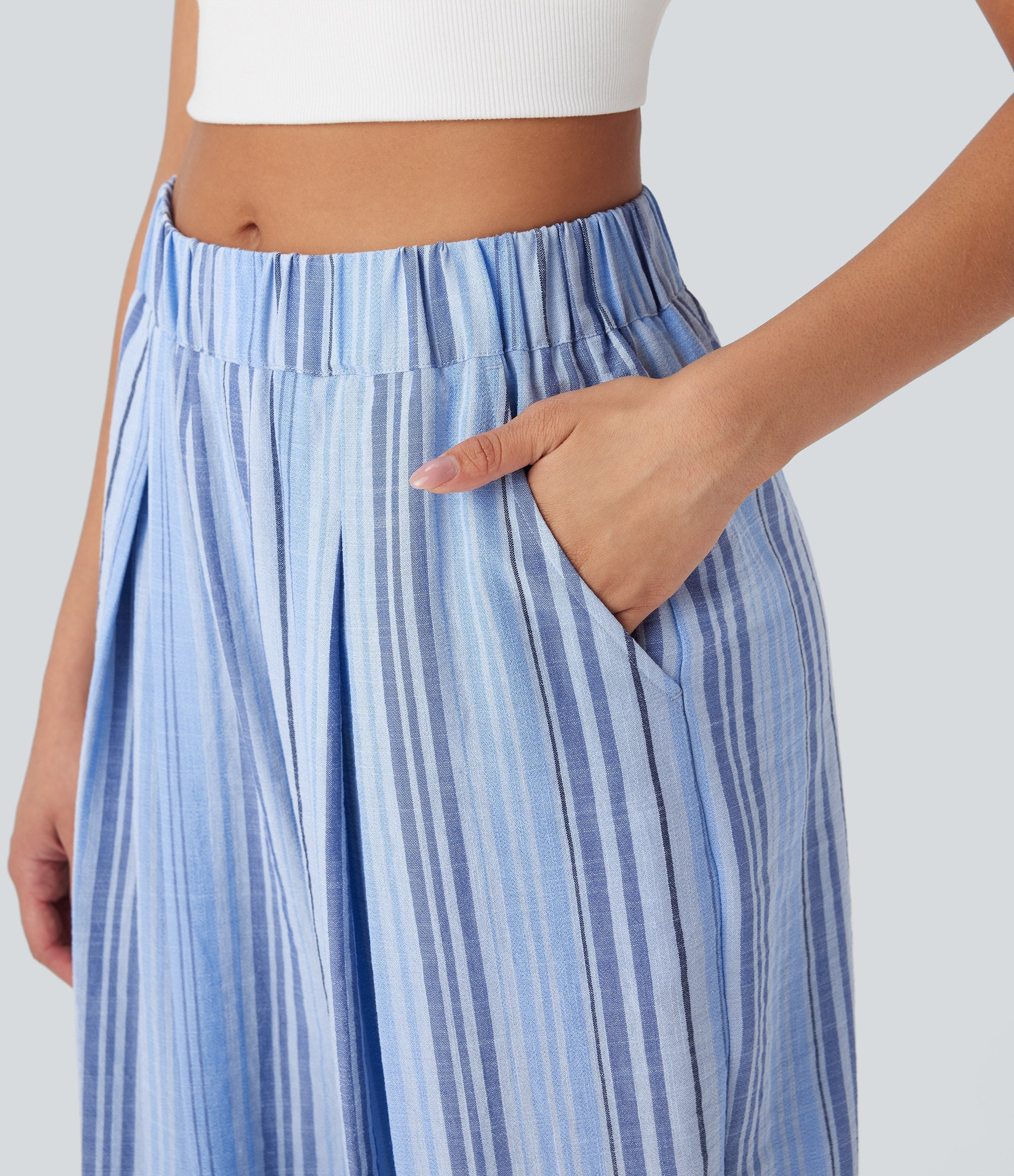 Mid Rise Stripe Casual Linen-Feel Joggers with Pockets