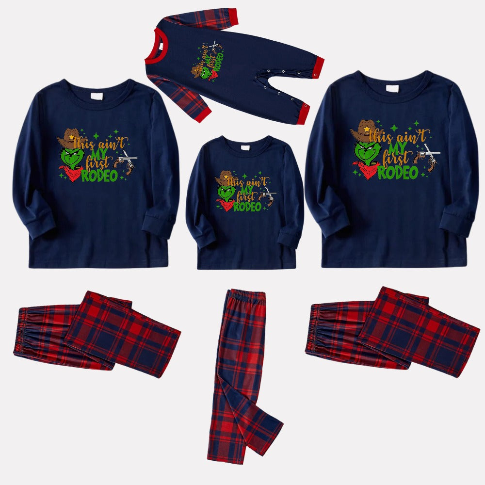 Christmas Family Matching Pajamas-Navy & Red Plaid Pjs Set with "This Ain't My First Rodeo" and Grinch Cartoon Print