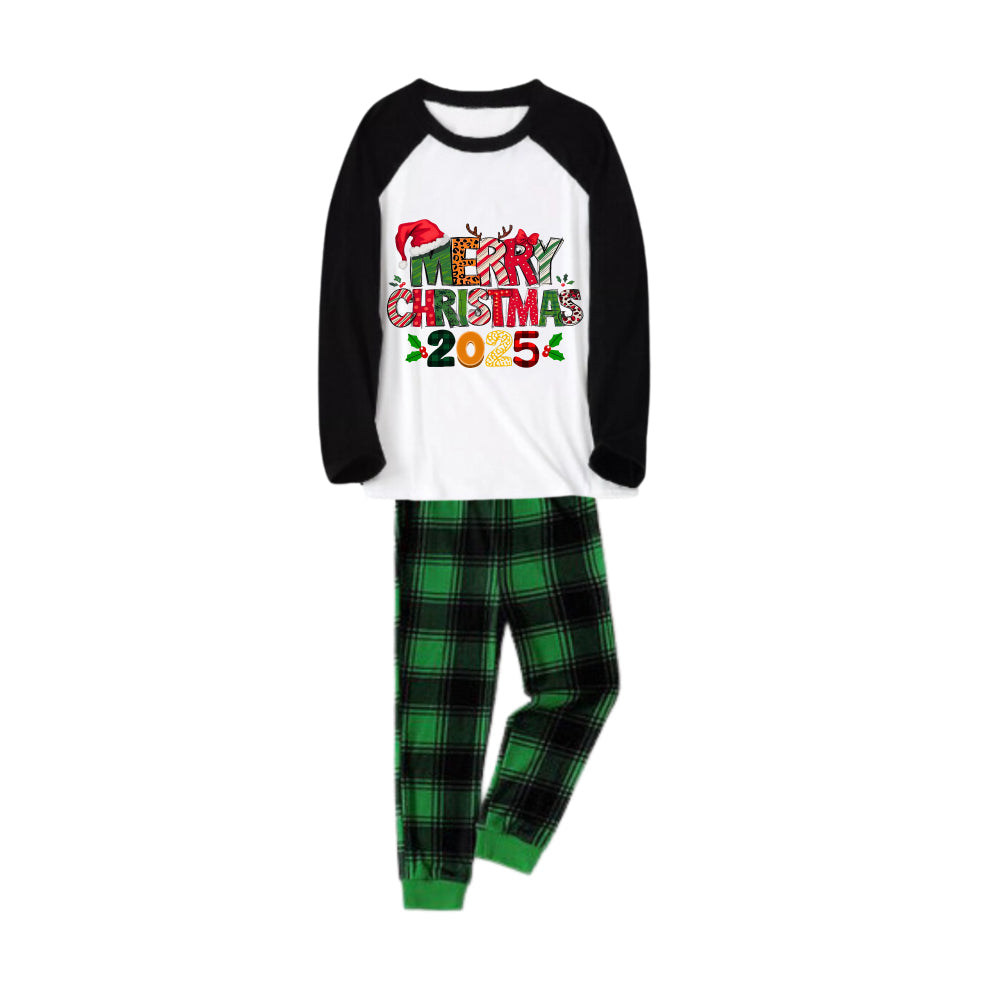 Black Raglan Top Green Plaid Christmas Pajamas Set With Colorful Merry Christmas 2025 Holiday Text