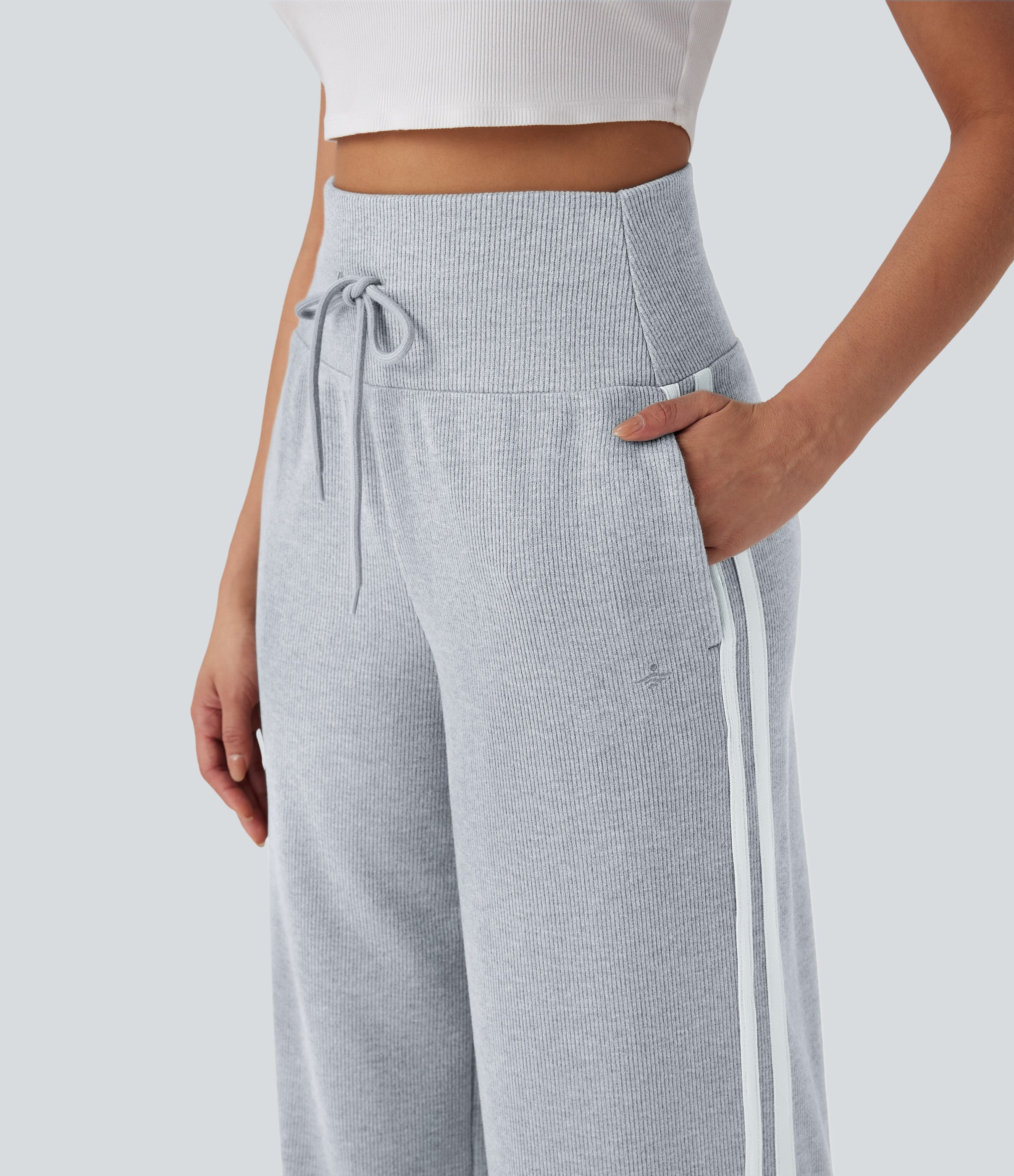 2026🔥 Ribbed SoCinched High Waisted Tummy Control Drawstring Wide Leg Color Block Casual Trousers with Pockets