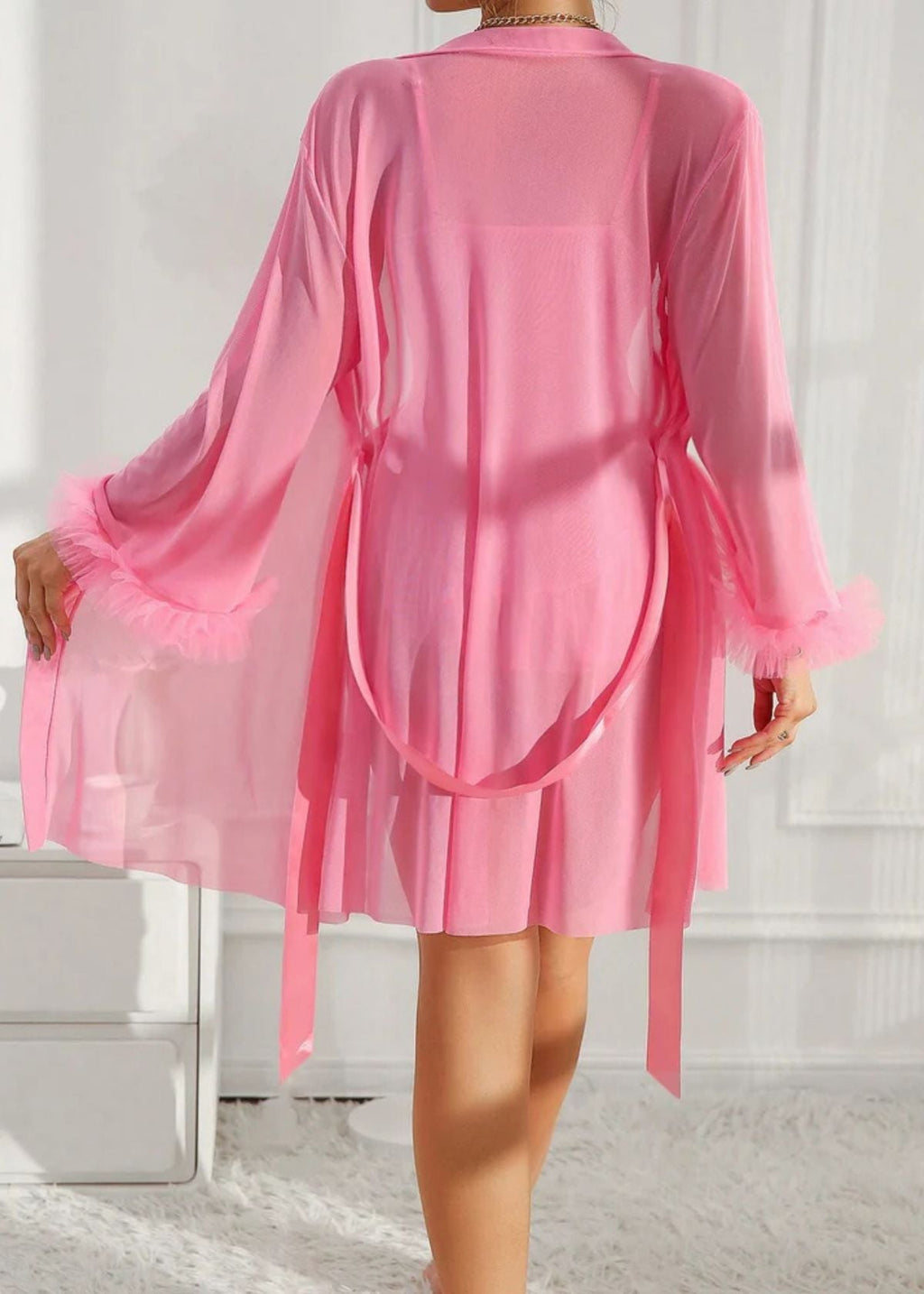Lace Cami Nightgown & Floral Lace Trim Wide Sleeve Sheer Robe