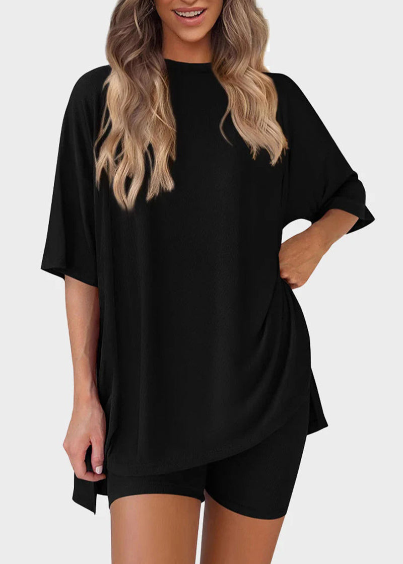 Casual Oversized 2-Piece Lounge Set with Crewneck & Split Hem