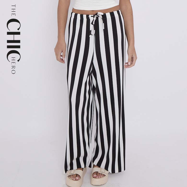 Black Stripe Abstract Print Wide-Leg Drawstring Palazzo Pleated Pants