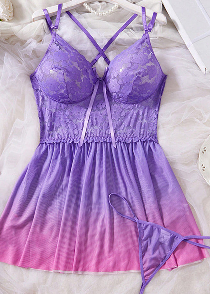 Plus Size Purple Lace Sexy Dress & Thong Set