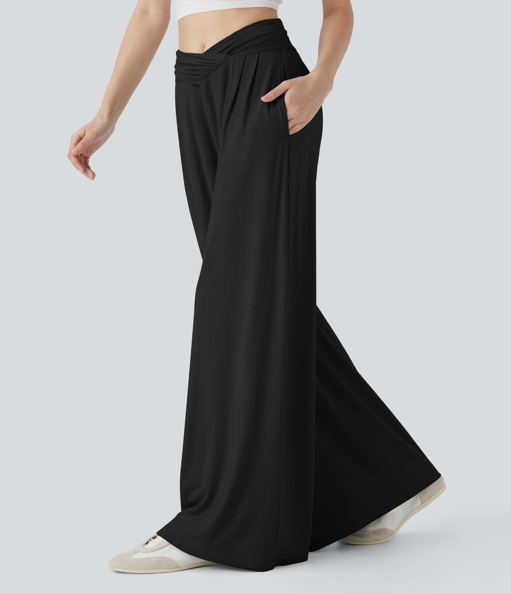Mid Rise Crossover Ruched Wide Leg Casual Pants with Pockets