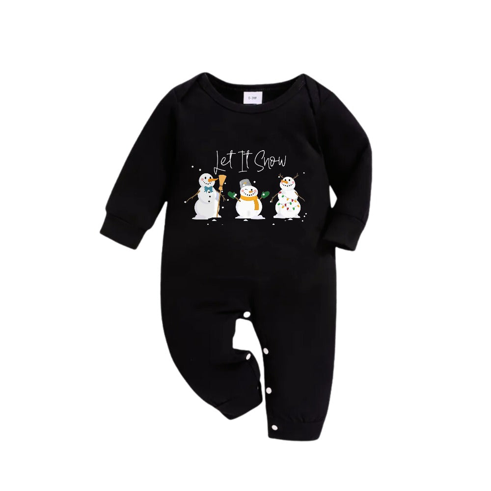 Christmas Family Matching Pajamas-Black Top and Green Plaid Pants Pjs Set with Snowman and "Let It Snow" Print